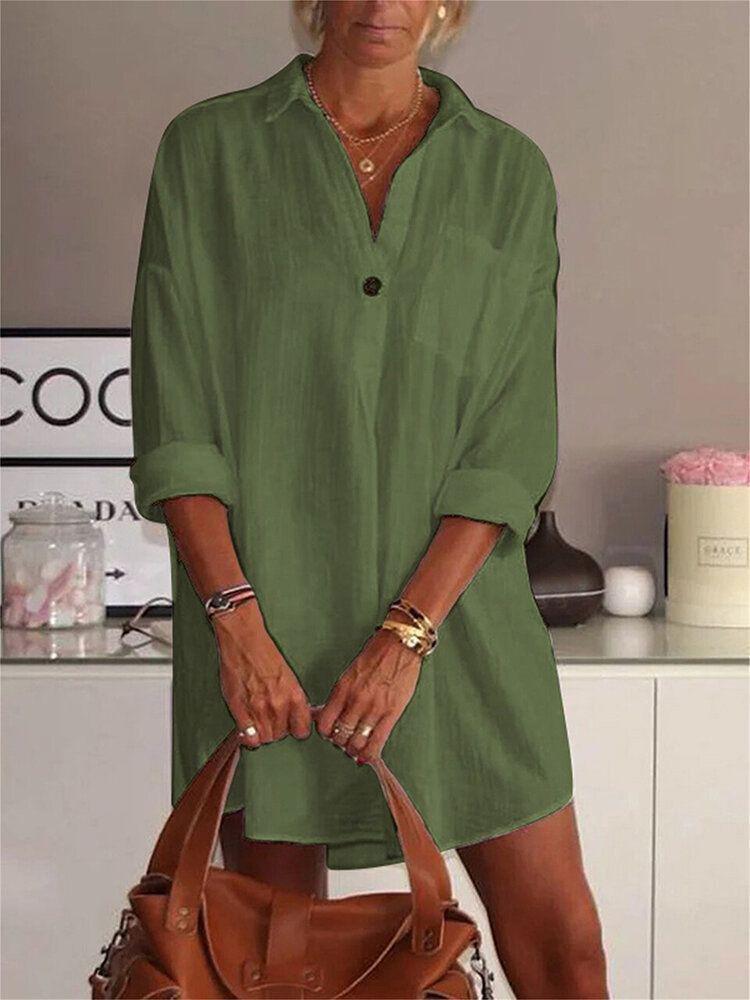 Loose V Neck Long Sleeve Shirt Dress