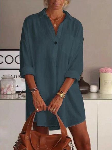 Loose V Neck Long Sleeve Shirt Dress