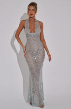 Kaesia - Sequins Backless Knot Maxi Dress