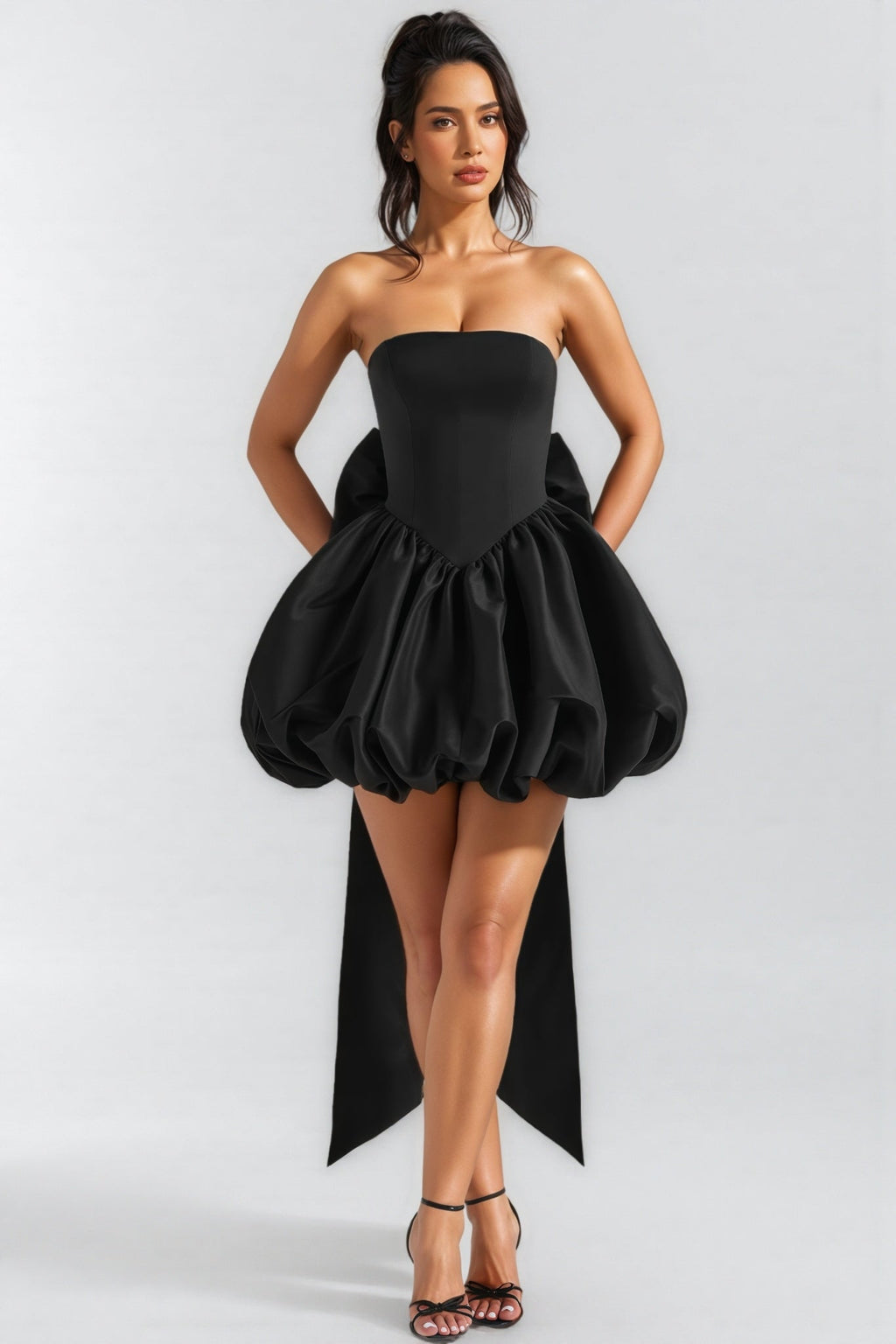 Zevpt Black Bow Halter Lantern Mini Dress