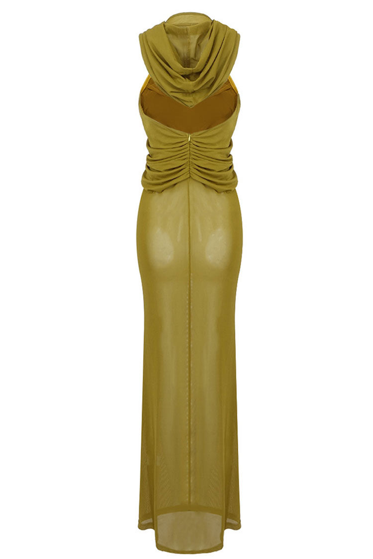 Lounge Draped Hooded Mesh Sheer Beach Vacation Maxi Dress - Grass Green