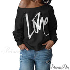 Love Tops Pullover for Patterned Off Slouchy Shoulder Sweatshirt Letter Women