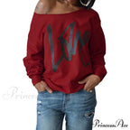 Love Tops Pullover for Patterned Off Slouchy Shoulder Sweatshirt Letter Women