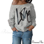 Love Tops Pullover for Patterned Off Slouchy Shoulder Sweatshirt Letter Women