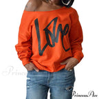 Love Tops Pullover for Patterned Off Slouchy Shoulder Sweatshirt Letter Women