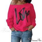 Love Tops Pullover for Patterned Off Slouchy Shoulder Sweatshirt Letter Women