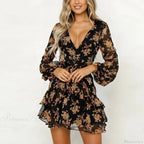 Low Cut V-Neck Bohemian Lace-Up Floral Dress