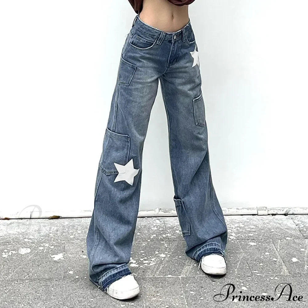 Low Rise Flared Retro Star Print Pockets Distressed Burr Y2K Streetwear Denim Jean