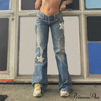 Low Rise Flared Retro Star Print Pockets Distressed Burr Y2K Streetwear Denim Jean