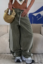 Low Waisted Striped Flowy Wide Leg Jeans