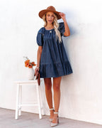 Luis Cotton Puff Sleeve Babydoll Dress Dark Wash