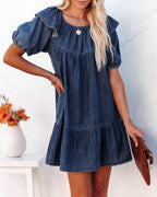 Luis Cotton Puff Sleeve Babydoll Dress Dark Wash