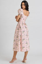 Darylt Pink Ribbon Print Cotton Midi Dress