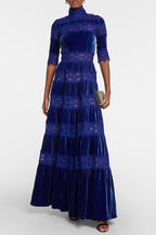 Luxurious High Neck Half Sleeve Ruched Lace Velvet Evening Maxi Dress - Royal Blue