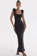Luxury Cowl Neck Furry Sleeveless Fishtail Satin Evening Maxi Dress - Black