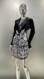 Luxury Diamonds Tassel Sexy Hollow Notched Black Mini Dress Evening Party Party Dress