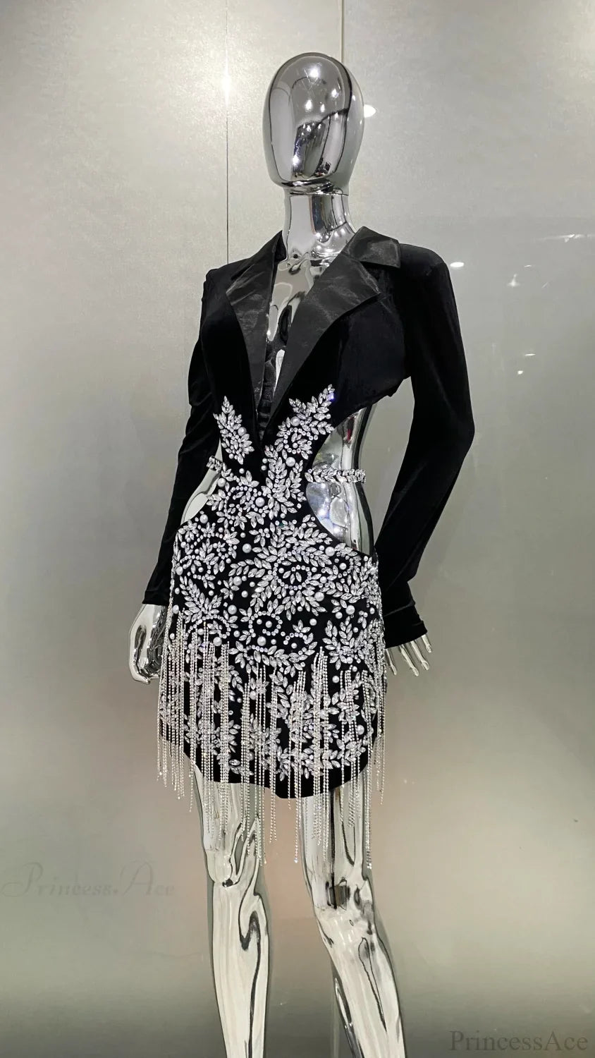 Luxury Diamonds Tassel Sexy Hollow Notched Black Mini Dress Evening Party Party Dress