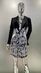 Luxury Diamonds Tassel Sexy Hollow Notched Black Mini Dress Evening Party Party Dress
