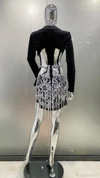 Luxury Diamonds Tassel Sexy Hollow Notched Black Mini Dress Evening Party Party Dress