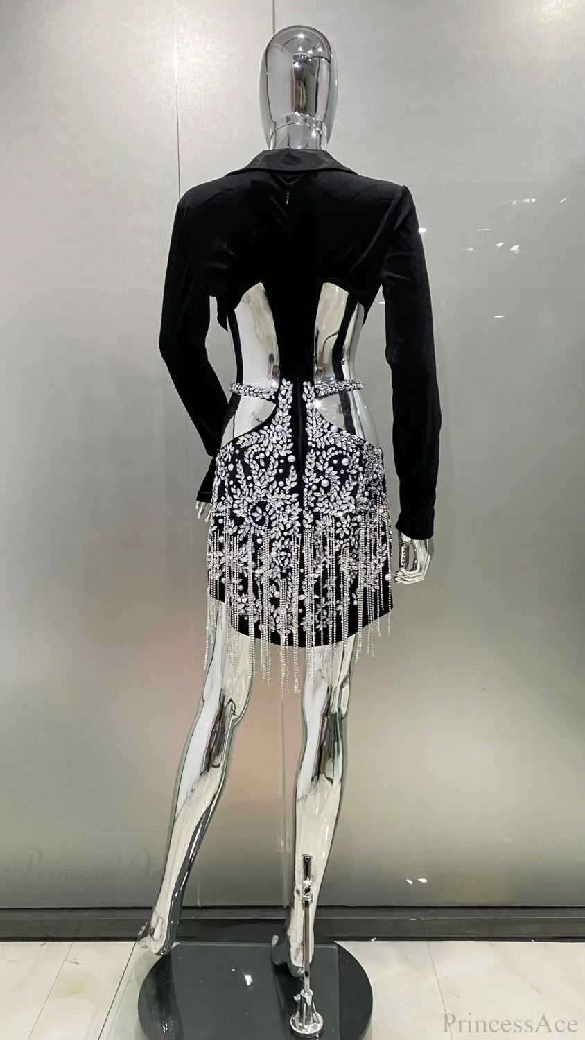Luxury Diamonds Tassel Sexy Hollow Notched Black Mini Dress Evening Party Party Dress