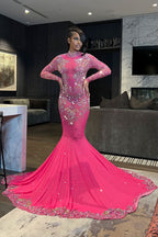 Luxury High Neck Long Sleeve Sheer Mesh Rhinestone Evening Maxi Dress - Rose