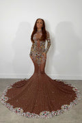 Luxury High Neck Long Sleeve Sheer Mesh Rhinestone Evening Maxi Dress - Brown