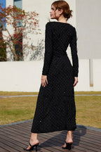 Luxury Rhinestone Faux Feather Trim Split Mesh Evening Maxi Dress - Black