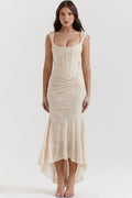 Luxury Textured Floral Ruched Corset Sleeveless Fishtail Evening Dress - Cream