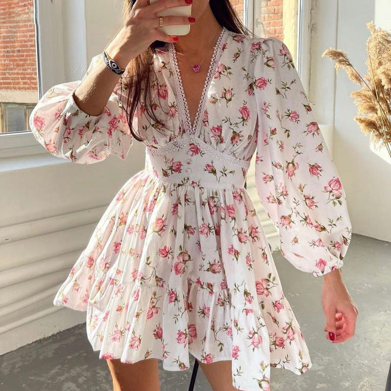 Emery Aesthetic Short Floral Dress with V Neck Designer Edit