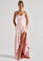 Scarlet Cascade Satin Evening Dress with High Slit