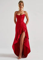 Scarlet Cascade Satin Evening Dress with High Slit
