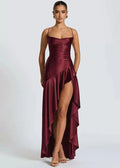 Scarlet Cascade Satin Evening Dress with High Slit