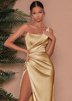 Solara One-Shoulder Satin Gown – Gold Side-Slit Evening Dress