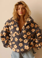 Floral Sherpa Half-Zip Pullover Jacket – Cozy Oversized Fleece Top