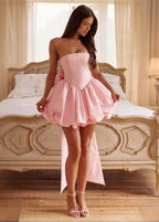Blush Bow Corset Mini Dress – Strapless Bubble Hem Party Dress