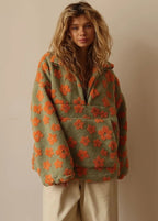Floral Sherpa Half-Zip Pullover Jacket – Cozy Oversized Fleece Top