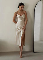 Champagne Satin Cross-Back Ruched Midi Dress