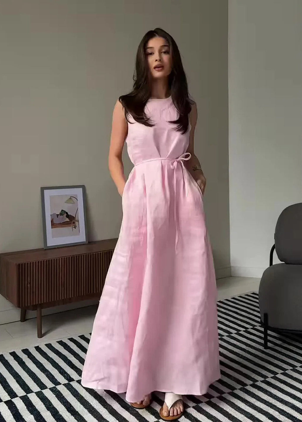 Rosaline Linen Maxi Dress – Sleeveless Tie Waist Summer Dress