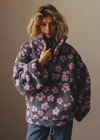 Floral Sherpa Half-Zip Pullover Jacket – Cozy Oversized Fleece Top