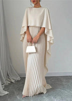 Aurelia Pleated Cape Maxi Dress – Elegant Flowing Evening Gown with Draped Overlay