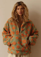 Floral Sherpa Half-Zip Pullover Jacket – Cozy Oversized Fleece Top