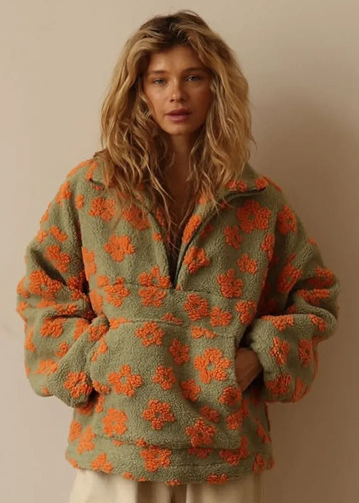 Floral Sherpa Half-Zip Pullover Jacket – Cozy Oversized Fleece Top