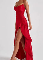 Scarlet Cascade Satin Evening Dress with High Slit