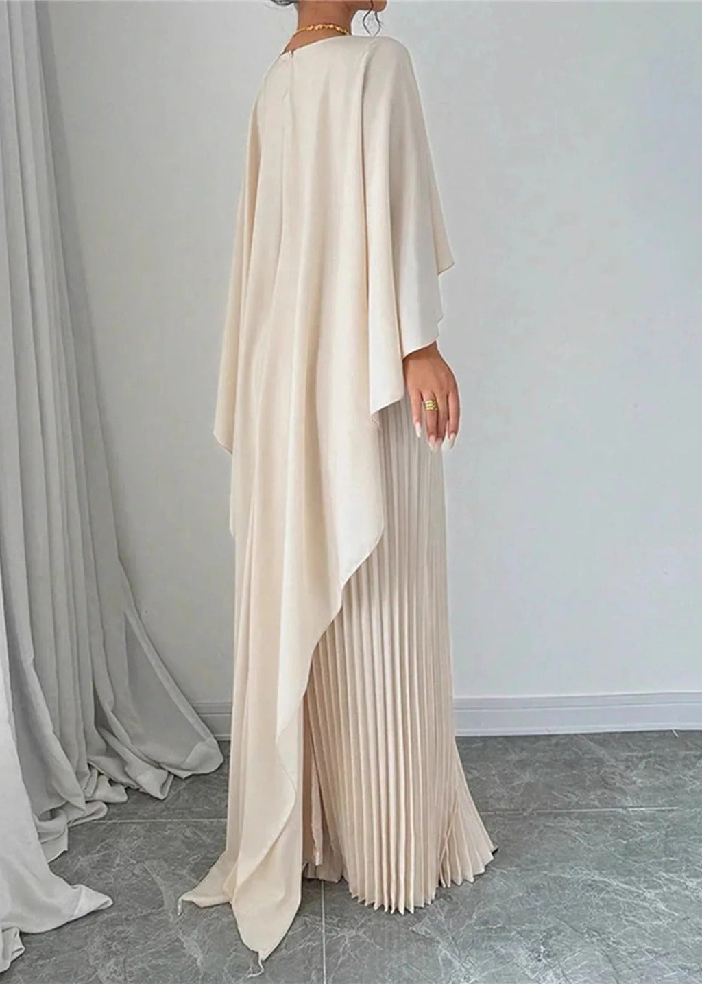 Aurelia Pleated Cape Maxi Dress – Elegant Flowing Evening Gown with Draped Overlay