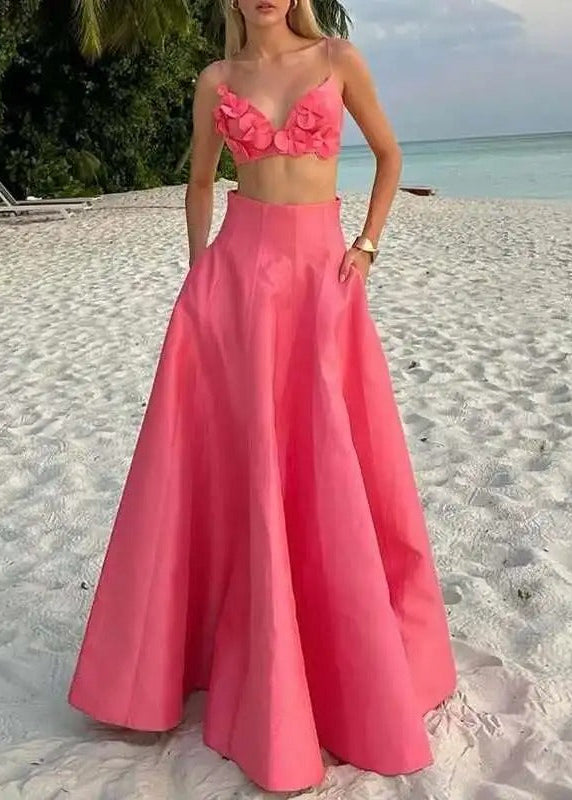 Coral Floral Two-Piece Set – Crop Top and Maxi Skirt Summer Outfit