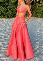 Coral Floral Two-Piece Set – Crop Top and Maxi Skirt Summer Outfit