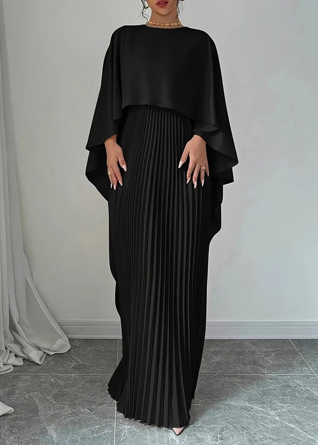 Aurelia Pleated Cape Maxi Dress – Elegant Flowing Evening Gown with Draped Overlay