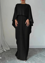 Aurelia Pleated Cape Maxi Dress – Elegant Flowing Evening Gown with Draped Overlay