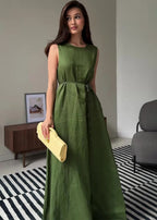 Rosaline Linen Maxi Dress – Sleeveless Tie Waist Summer Dress
