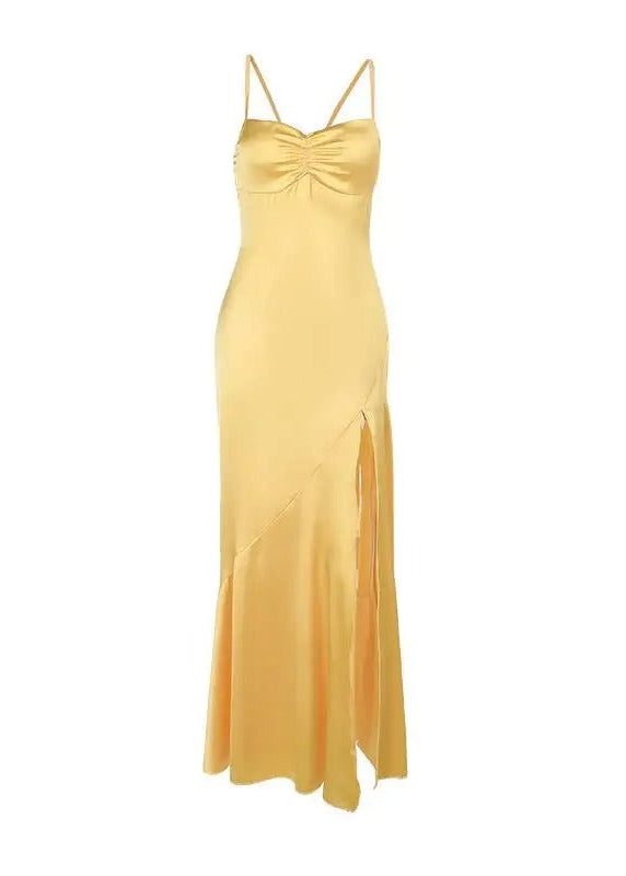 Butter Yellow Satin Maxi Dress with Thigh Slit